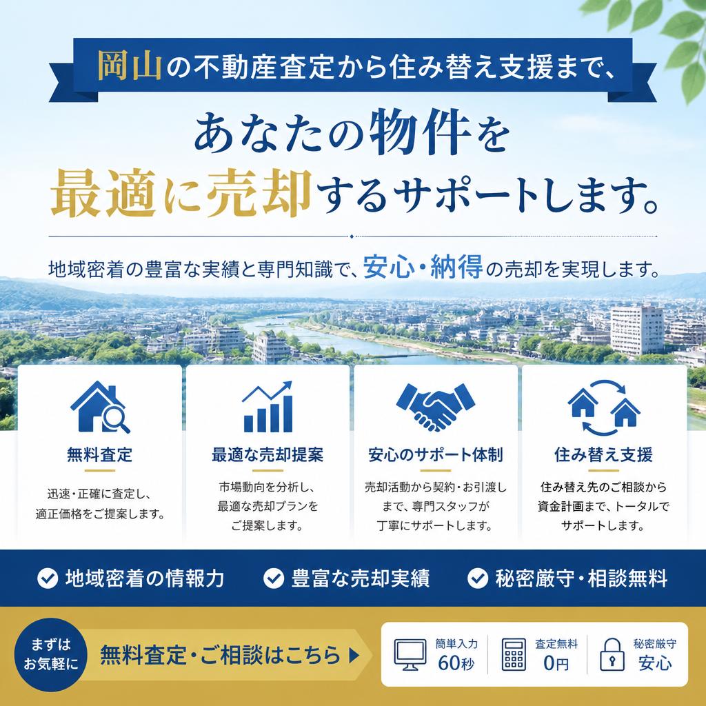 岡山の不動産査定から住み替え支援まで、あなたの物件を最適に売却するサポートします。