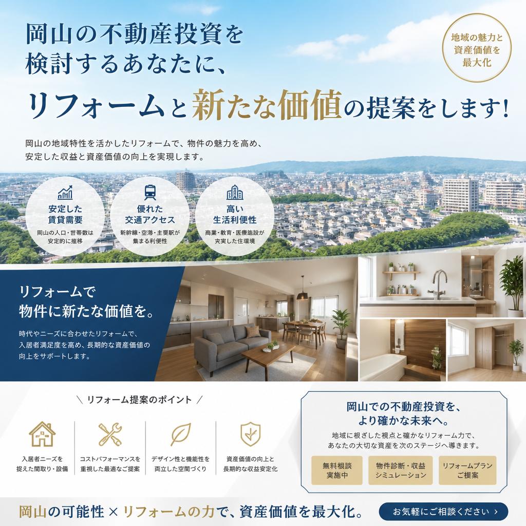岡山の不動産投資を検討するあなたに、リフォームと新たな価値の提案をします！
