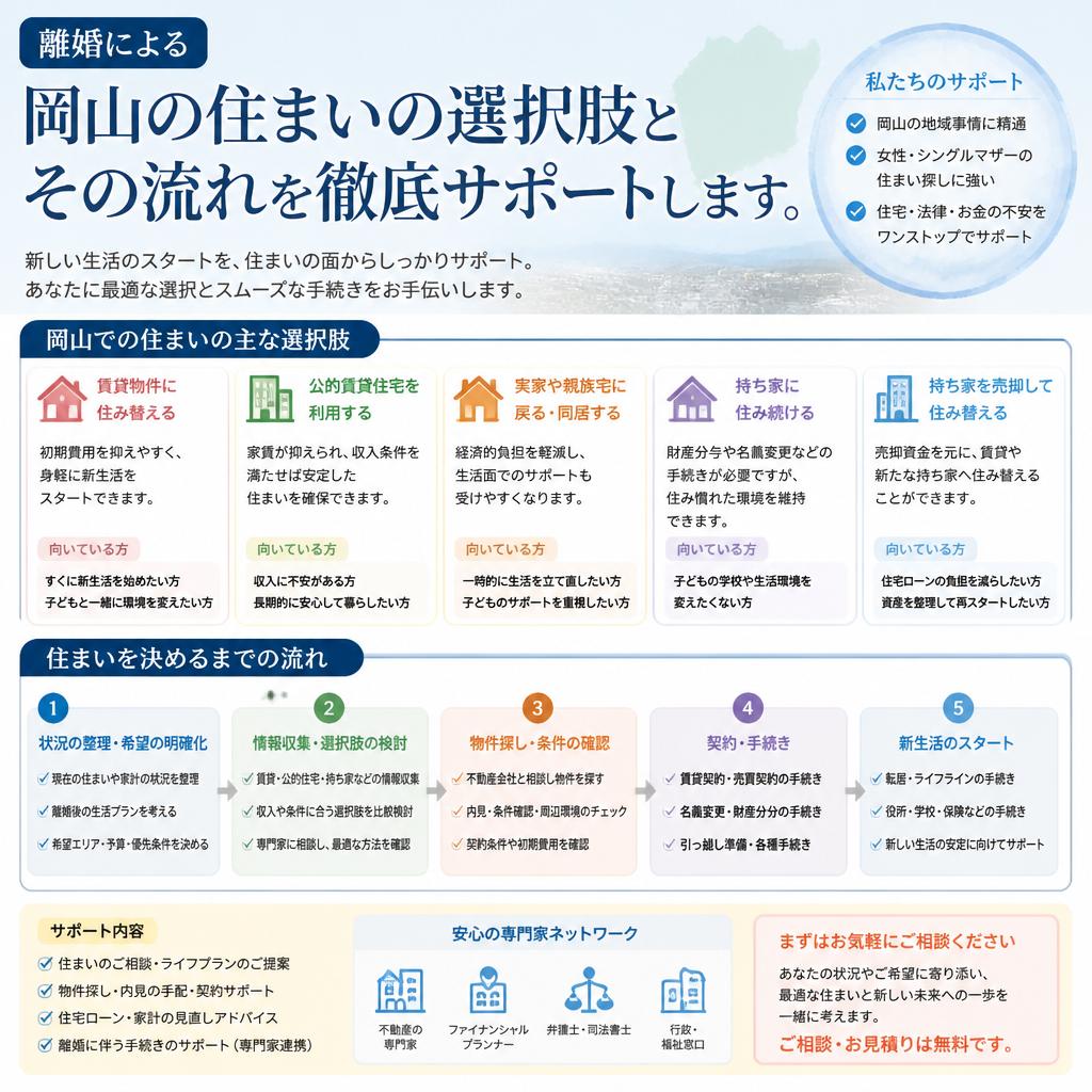 離婚による岡山の住まいの選択肢とその流れを徹底サポートします。